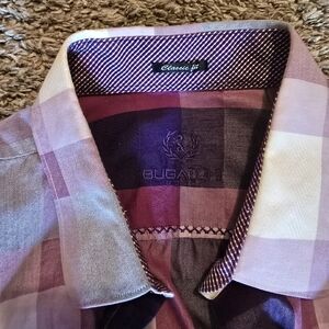Bugatchi Burgundy and Cream Plaid Casual Button Down Shirt